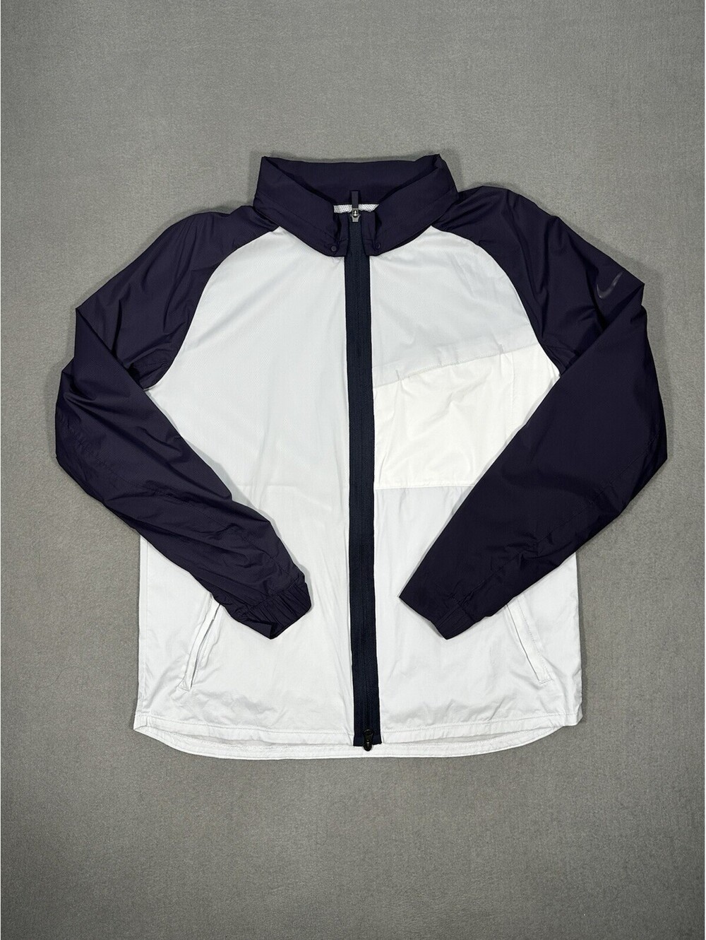 Nike Shield Men’s Windbreaker Jacket L Navy White Full Zip Hooded Lightweight